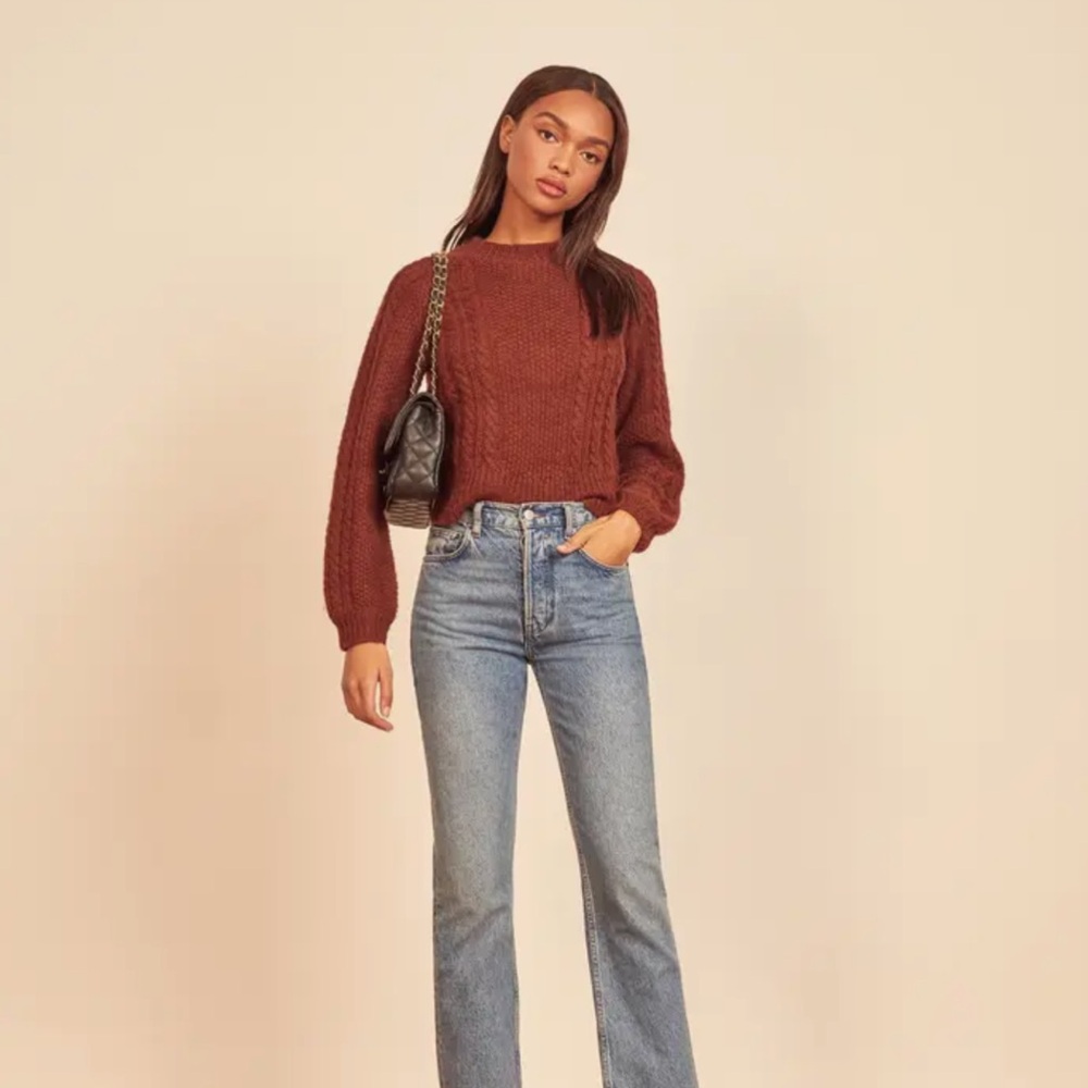 Reformation Chestnut Brown Cable Knit Crewneck Sweater